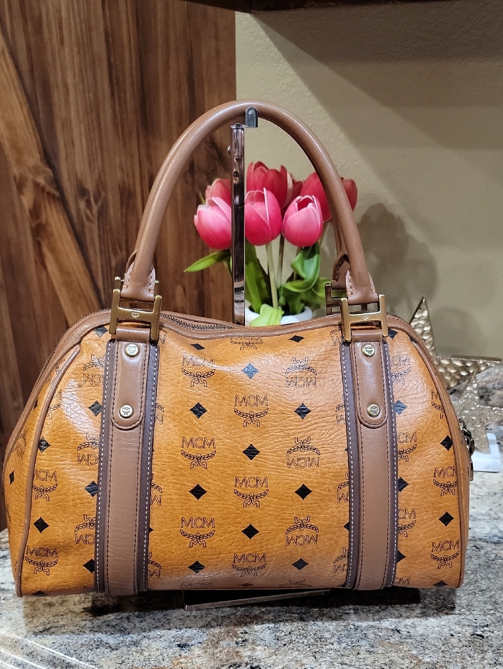 MCM EUC Visetos Cognac Leather Satchel Bag - Picture 6 of 13